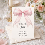 Birthday bow pink ivory pearls elegant dankeskarte<br><div class="desc">A modern and elegant birthday thank you card. (any age) A soft ivory,  cream colored background,  decorated with a large pink colored bow with pearls.  On the front the text: Thank You,  name,  and a date. 
Back: Template for Your thank you note and name.</div>