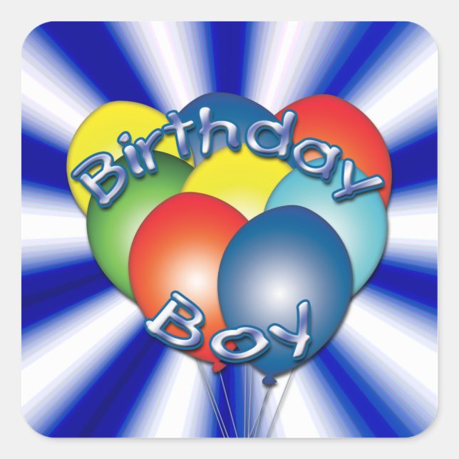 Birthday Boy Balloons Square Stickers (Vorderseite)