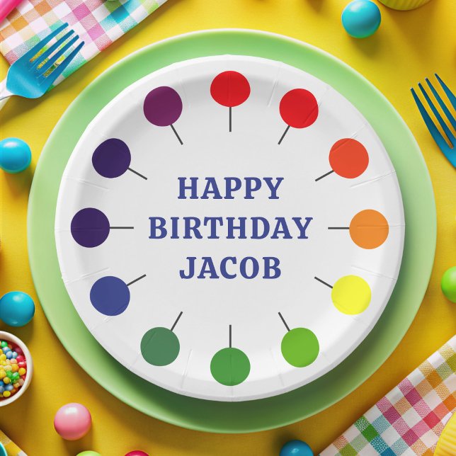 Birthday Boy Colorful Lollipop Kids Paper Plate Pappteller (Happy Birthday! A fun lollipop edged paper plate with space for the Birthday Boy's Name (or girl))