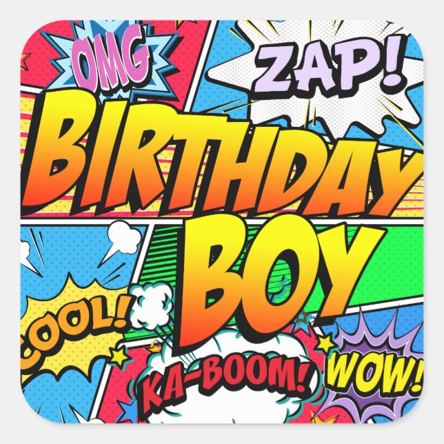 Birthday Boy Comic Book Quadratischer Aufkleber (Vorderseite)