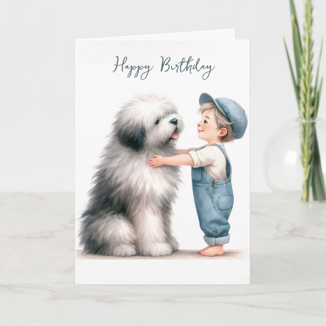 Birthday Boy Hugging Dog Watercolor Karte (Vorderseite)