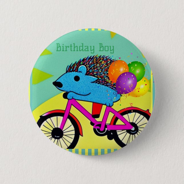 Birthday Boy Igel Reiten Bicycle Balloons Button (Vorderseite)
