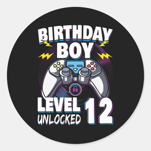 Birthday Boy Level 12 Unlocked Video Game 12th Runder Aufkleber (Vorderseite)