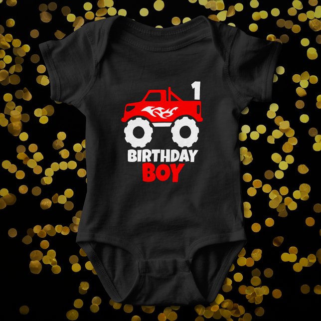 Birthday Boy Red Monster Truck mit Age Black Baby Strampler (Von Creator hochgeladen)