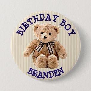 Birthday Boy Tan und Blue Teddy Bären Button