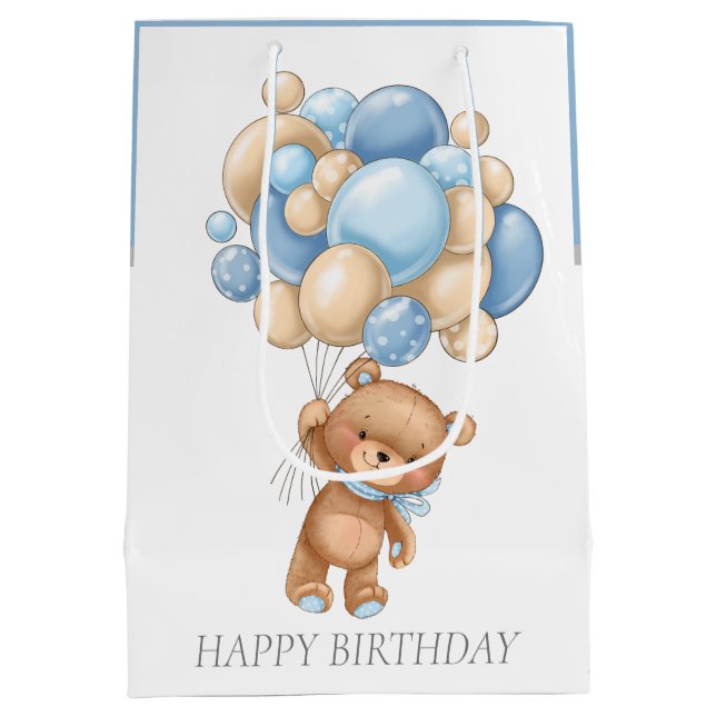 BIRTHDAY Boy Teddy BALLOONS Geschenktasche Mittlere Geschenktüte (Rückseite)