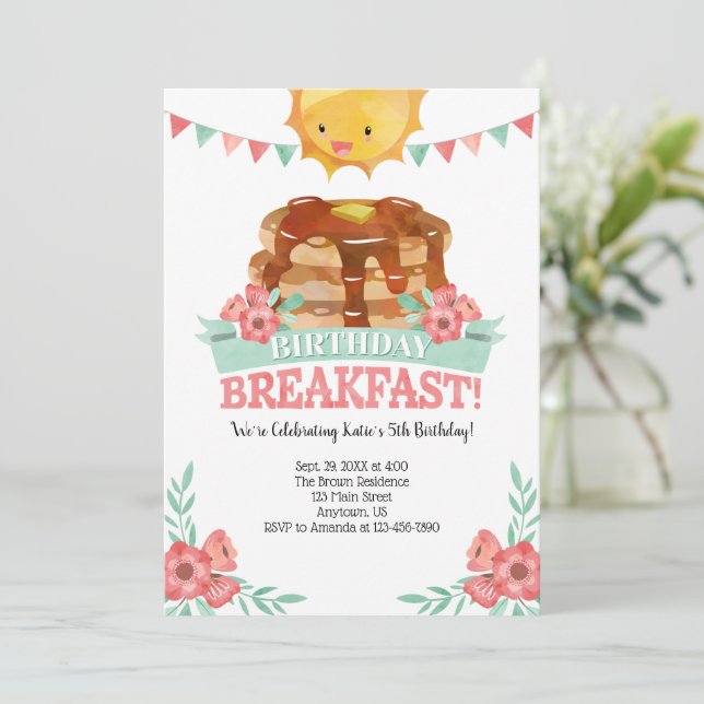 Birthday Breakfast Girls Pancake Einladung (Stehend Vorderseite)
