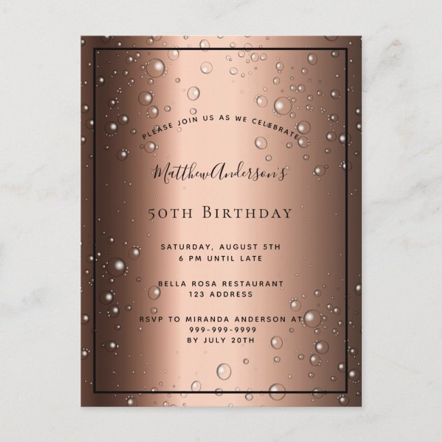 Birthday Bronze braun schwarze Blase Einladung Postkarte (Vorderseite)