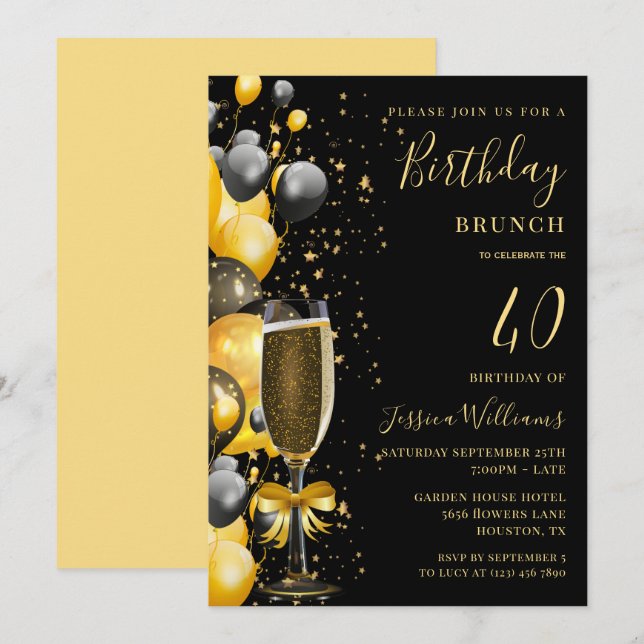 Birthday Brunch Balloons & Champagne Einladung (Vorne/Hinten)