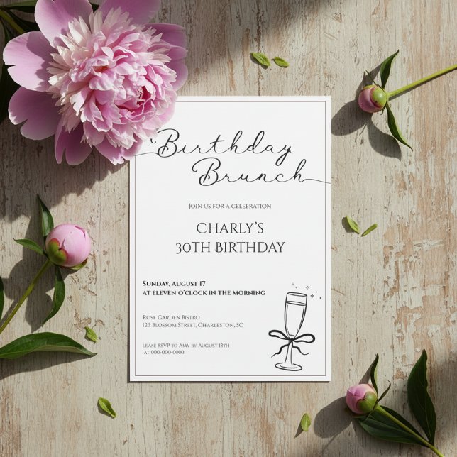 Birthday Brunch Invitation for Women Einladung (Birthday brunch invitation with pink peony and buds on rustic wooden background.)