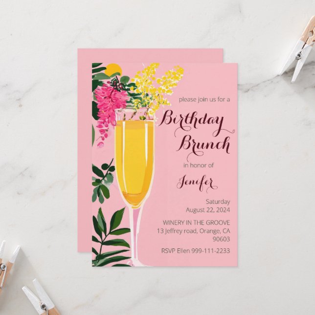 Birthday Brunch mimosa Aquarell Einladung (Vorderseite/Rückseite Beispiel)