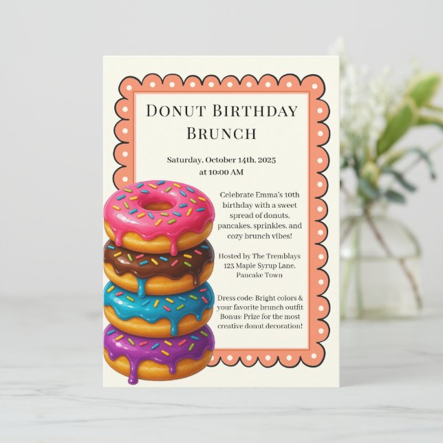 Birthday Brunch Party | Pfannkuchen und Donuts Einladung (Stehend Vorderseite)