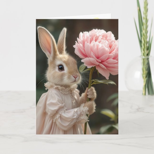 Birthday Bunny Holding a Pink Peony Karte (Vorderseite)