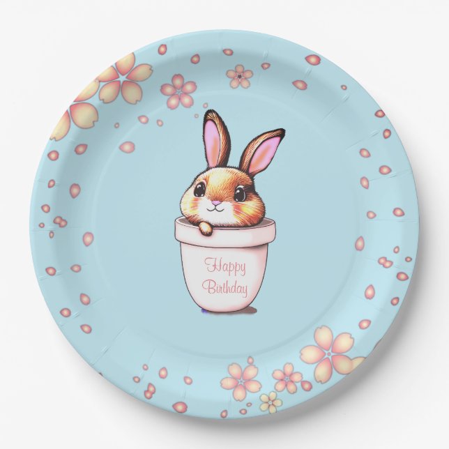 Birthday Bunny Pflanze Pot & Blume über Light Blue Pappteller (Vorderseite)