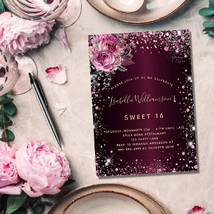 Birthday burgundrosa Glitzer blühend glamourös Einladungspostkarte