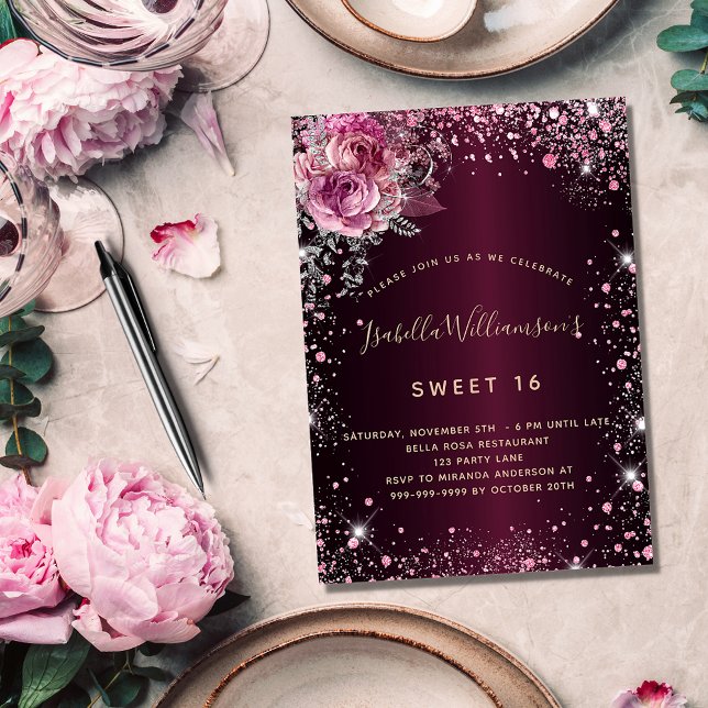 Birthday burgundrosa Glitzer blühend glamourös Einladungspostkarte (Von Creator hochgeladen)