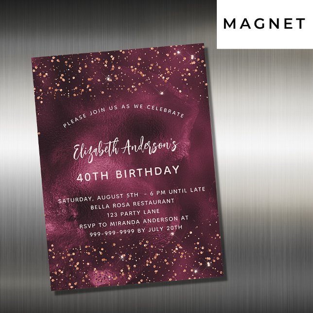 Birthday burgundy aggy Rose Gold Luxus Magneteinladung (Von Creator hochgeladen)