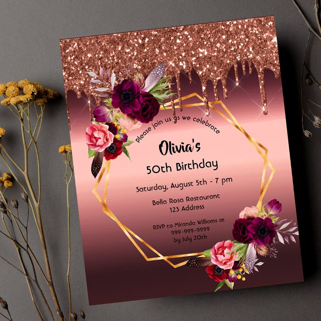 Birthday burgundy Blume Glitzer Einladung zum Haus Flyer (Von Creator hochgeladen)