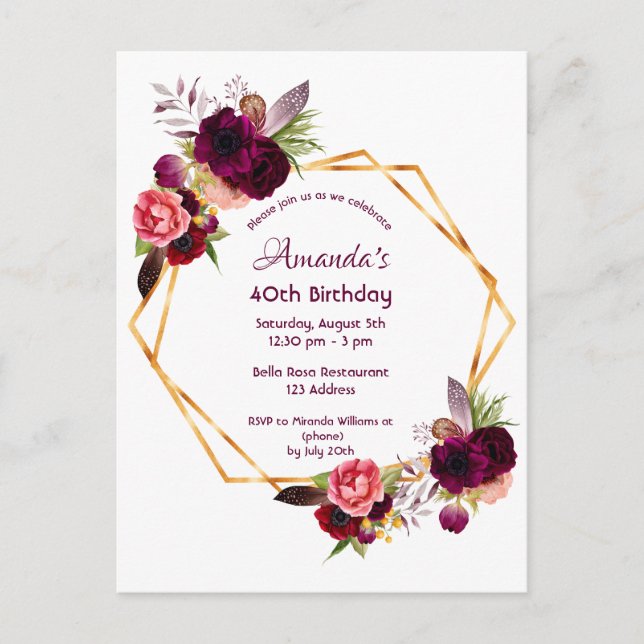 Birthday burgundy Blütengold Einladung Postkarte (Vorderseite)