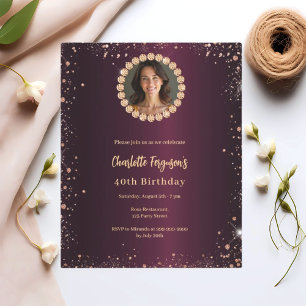 Birthday burgundy Diamond Glitzer Foto Einladung