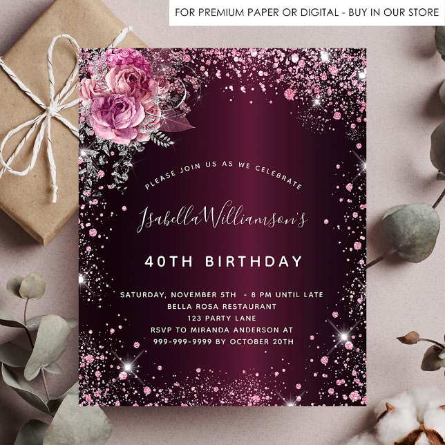 Birthday burgundy Glitzer Blumenladen Flyer (Von Creator hochgeladen)