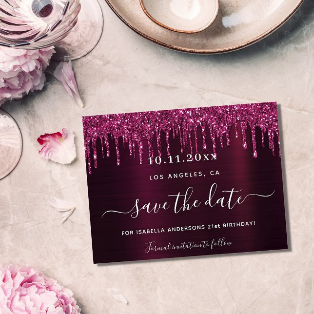 Birthday burgundy Glitzer Haushalt Save the Date Flyer (Von Creator hochgeladen)