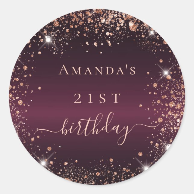 Birthday burgundy Glitzer Staubname-Skript Runder Aufkleber (Vorderseite)