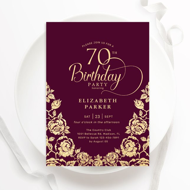 Birthday Burgundy Gold Rose Einladung (Von Creator hochgeladen)