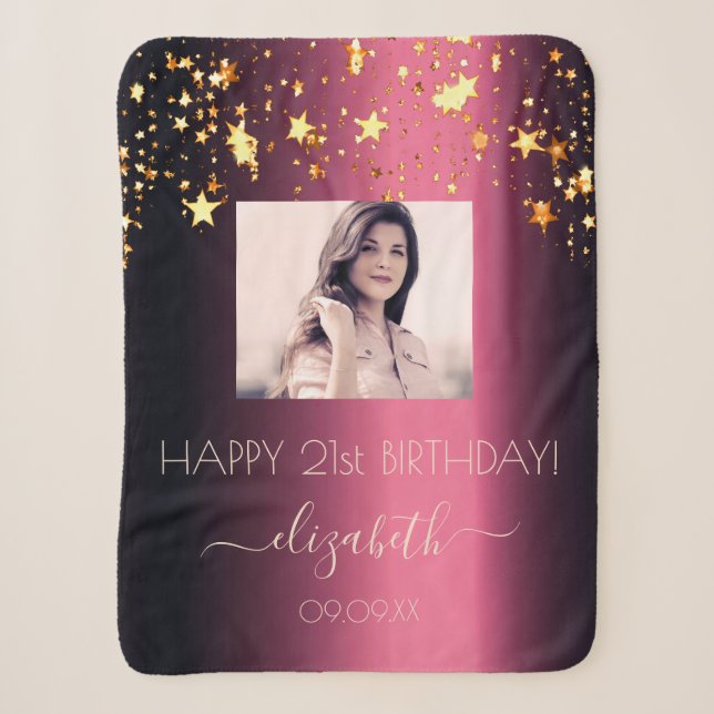 Birthday burgundy goldene Sterne Rosa Foto Sherpadecke (Vorderseite)