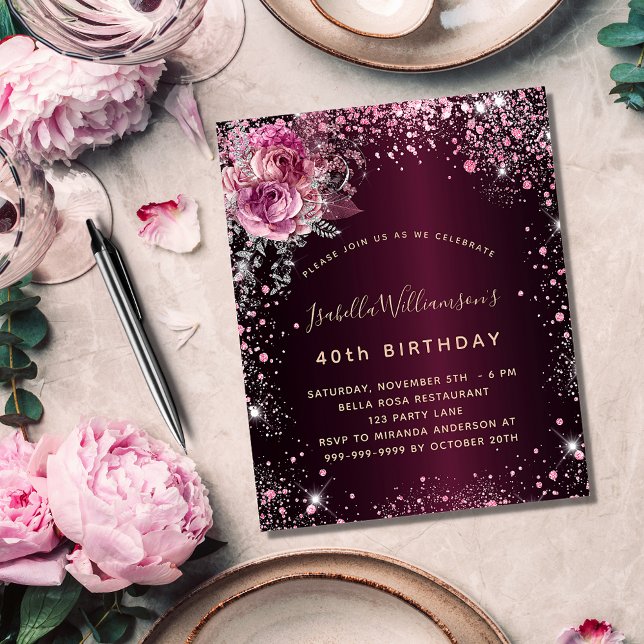 Birthday burgundy pink florale Haushalt Einladung Flyer (Von Creator hochgeladen)