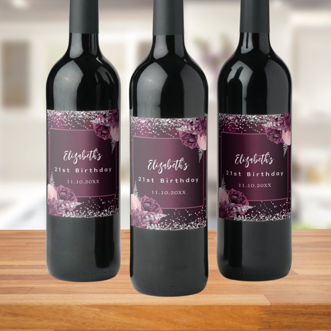 Birthday burgundy pink silberne Blume Weinetikett (Von Creator hochgeladen)