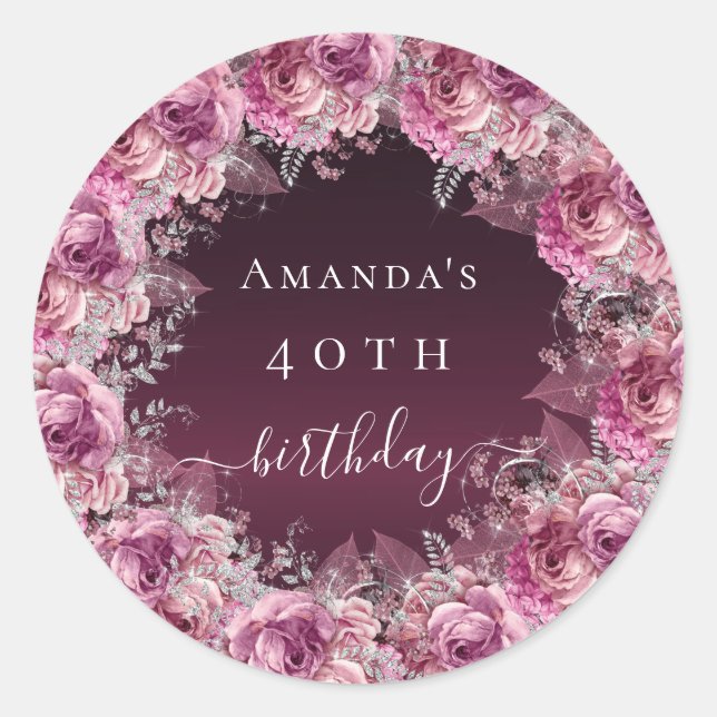 Birthday burgundy rosa Blumenschrift Runder Aufkleber (Vorderseite)