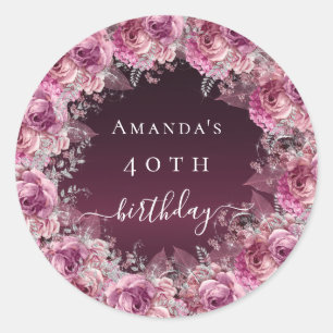 Birthday burgundy rosa Blumenschrift Runder Aufkleber