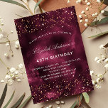 Birthday burgundy Rose Gold agieren elegant Einladungspostkarte<br><div class="desc">Für eine elegante 40. Geburtstagsfeier (oder jedes Alter). Ein bordeauxroter Hintergrund. Dekoriert mit Rose Gold Imitat Glitzer,  Glitzern. Personalisieren und fügen Sie einen Namen und Party-Details hinzu. Der Name wird mit einem handgeschriebenen Stilskript geschrieben</div>
