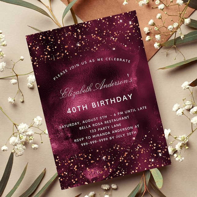 Birthday burgundy Rose Gold agieren Luxus Einladung (Von Creator hochgeladen)