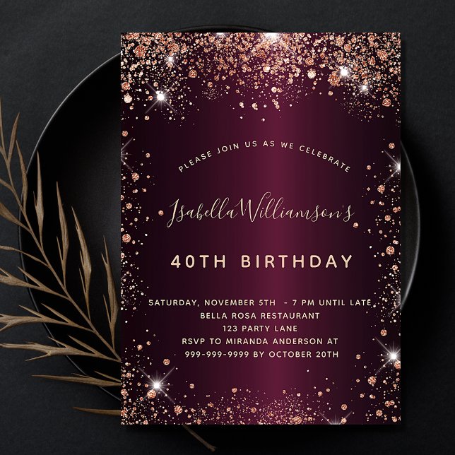 Birthday burgundy Rose Gold Glitzer Luxus Einladung (Von Creator hochgeladen)