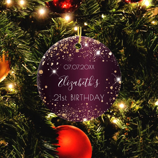 Birthday burgundy Rose Gold Glitzer Name elegant Keramik Ornament (Von Creator hochgeladen)