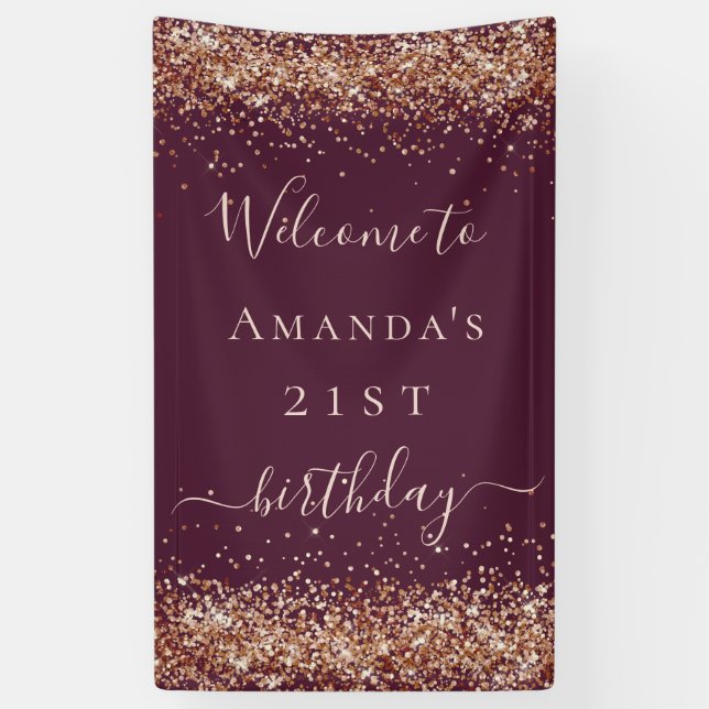 Birthday burgundy Rose Gold Glitzer Staub willkomm Banner (Vertikal)
