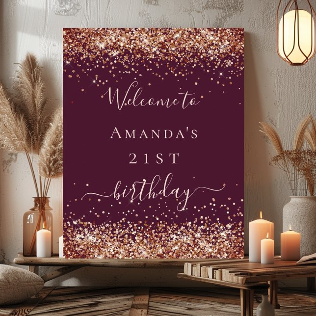 Birthday burgundy Rose Gold Glitzer Staub willkomm Poster (Von Creator hochgeladen)