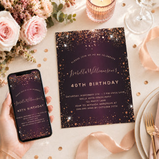 Birthday burgundy Rose Gold Glitzern Einladung