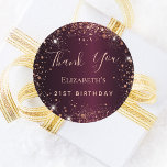 Birthday burgundy rose gold name thank you runder aufkleber<br><div class="desc">For an elegant 21st (or any age) birthday.  A burgundy  faux metallic looking background color. Decorated with rose gold faux glitter dust. Personalize and add a name and age 21.. Thank you is written with a modern hand lettered style script.</div>