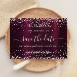 Birthday burgundy rose gold save the date<br><div class="desc">A Save the Date card for a 21st,  (or any age) birthday party. A deep burgundy metallic looking background decorated with rose gold faux glitter,  sparkles. Personalize and add a date and name/age.  The text: Save the Date is written with a hand lettered style script with swashes.</div>