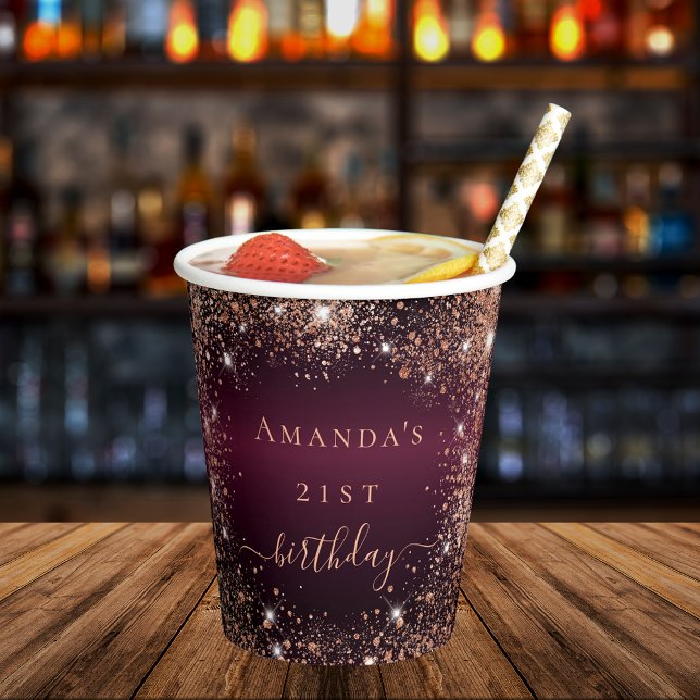 Birthday burgundy Rose Goldname Party Pappbecher (Von Creator hochgeladen)