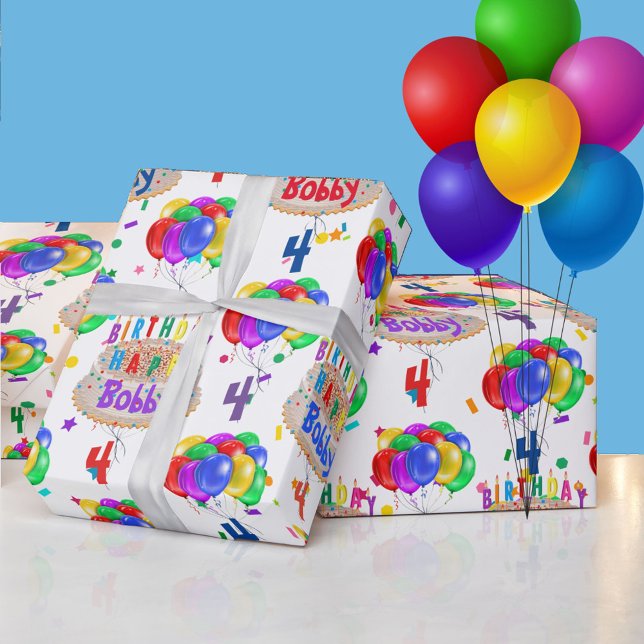 Birthday Cake Balloons personalisieren Boy's Name  Geschenkpapier (Von Creator hochgeladen)