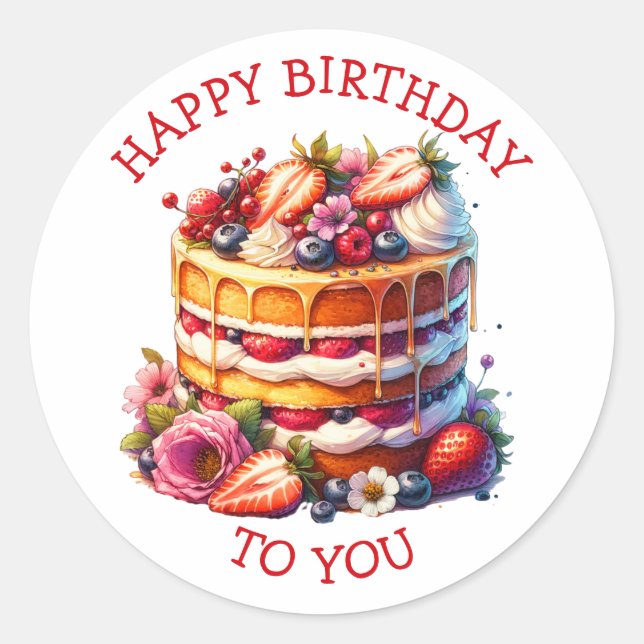 Birthday Cake Berries und Blume Personalisiert Runder Aufkleber (Vorderseite)