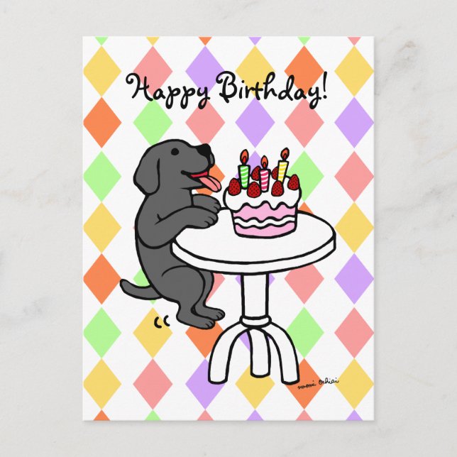 Birthday Cake Black Labrador Cartoon Postkarte (Vorderseite)