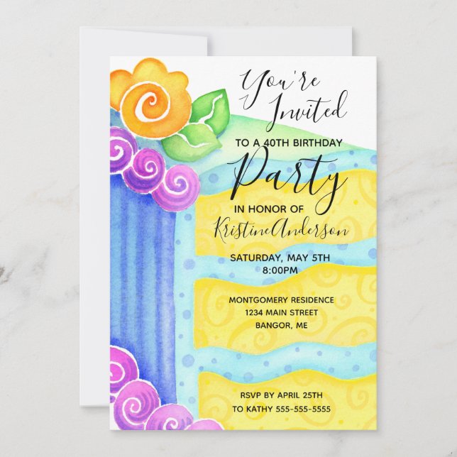 Birthday Cake Blue Yellow Floral 40. Party Einladung (Vorderseite)
