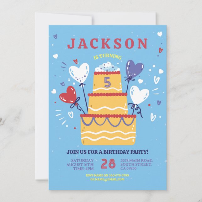 Birthday Cake Invite Blue Boys Balloons Party Einladung (Vorderseite)