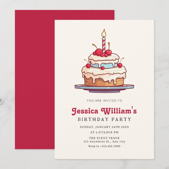 Birthday cake Kirsche Einladung (Vorne/Hinten)