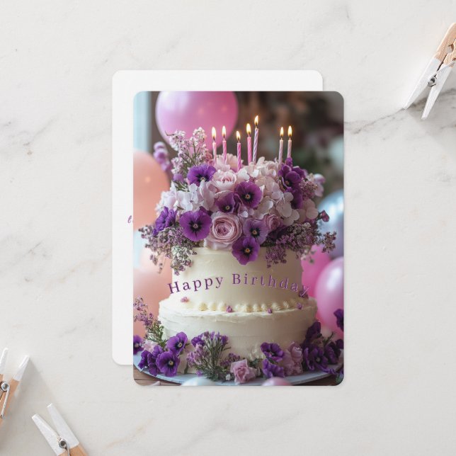 Birthday Cake Purple Pansies Hydrangea Birthday Karte (Vorderseite/Rückseite Beispiel)